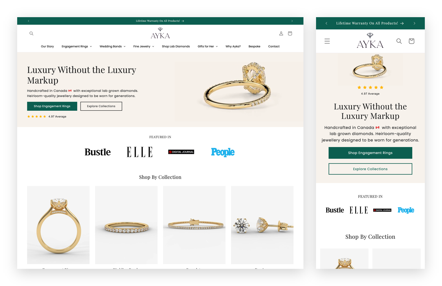 Ayka Jewels — aykajewels.com storefront, desktop and mobile