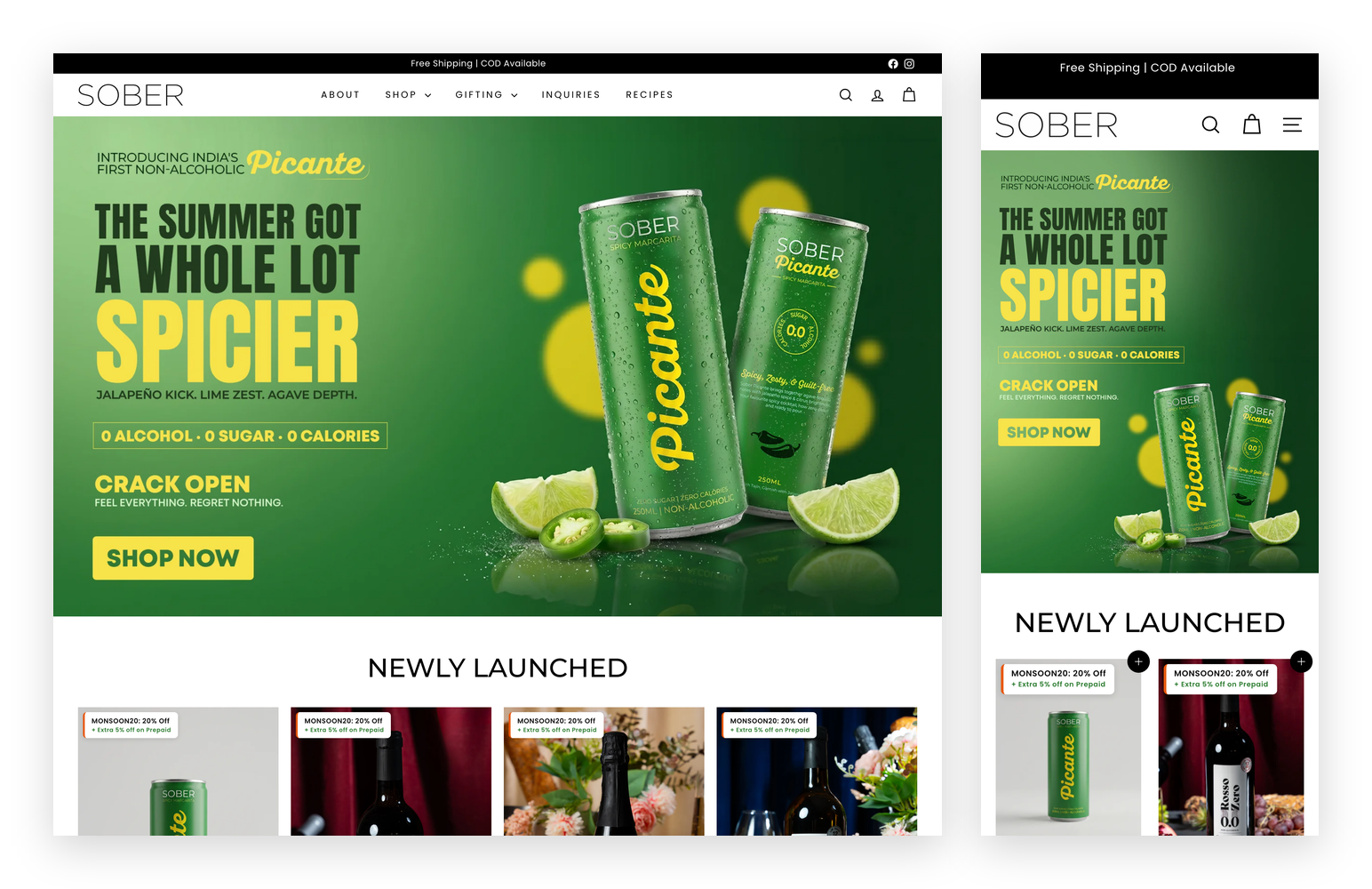 Drink Sober — drinksober.co storefront, desktop and mobile